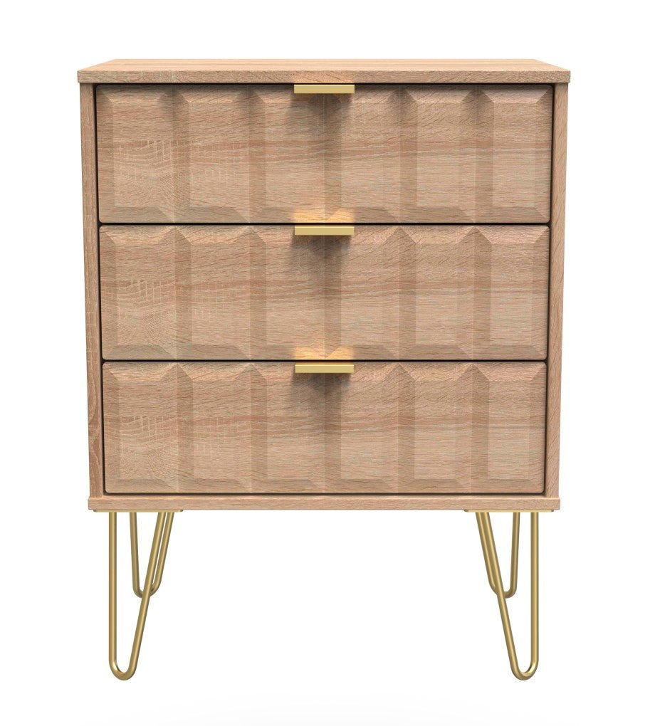 Cube 3 Drawer Midi Chest with Gold Hairpin Legs - Welcome Furniture