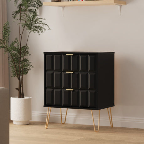 Cube 3 Drawer Midi Chest with Gold Hairpin Legs - Welcome Furniture