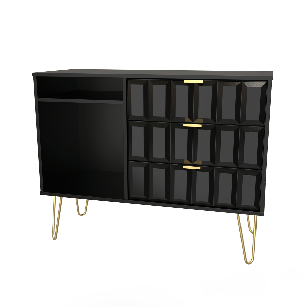 Cube 3 Drawer TV Unit with Gold Hairpin Legs - Welcome Furniture
