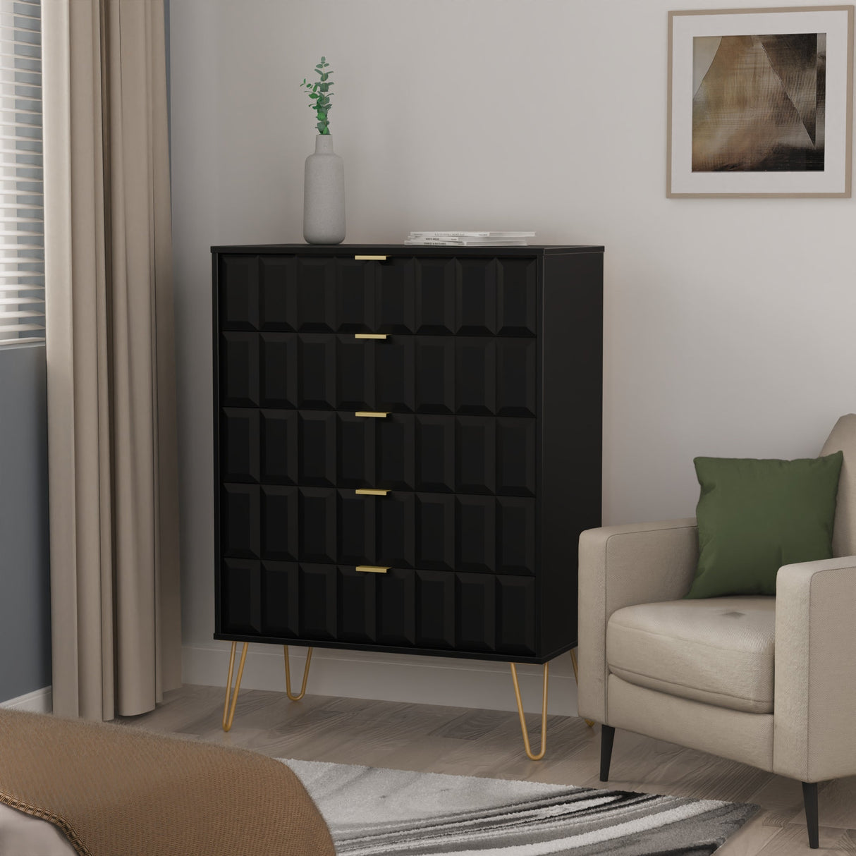 Cube 5 Drawer Chest with Gold Hairpin Legs - Welcome Furniture