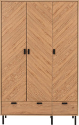 Leon Herringbone Retro 3 Door 2 Drawer Wardrobe - Seconique