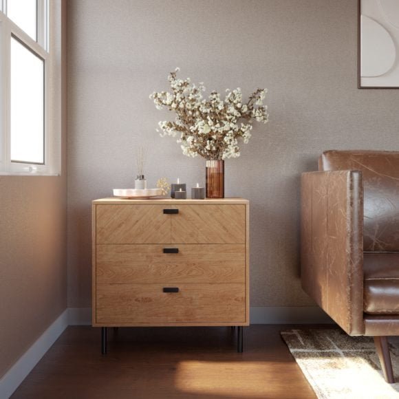 Leon Herringbone Retro 3 Drawer Chest - Seconique
