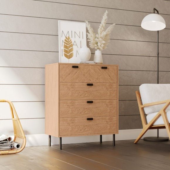 Leon Herringbone Retro 3+2 Drawer Chest - Seconique