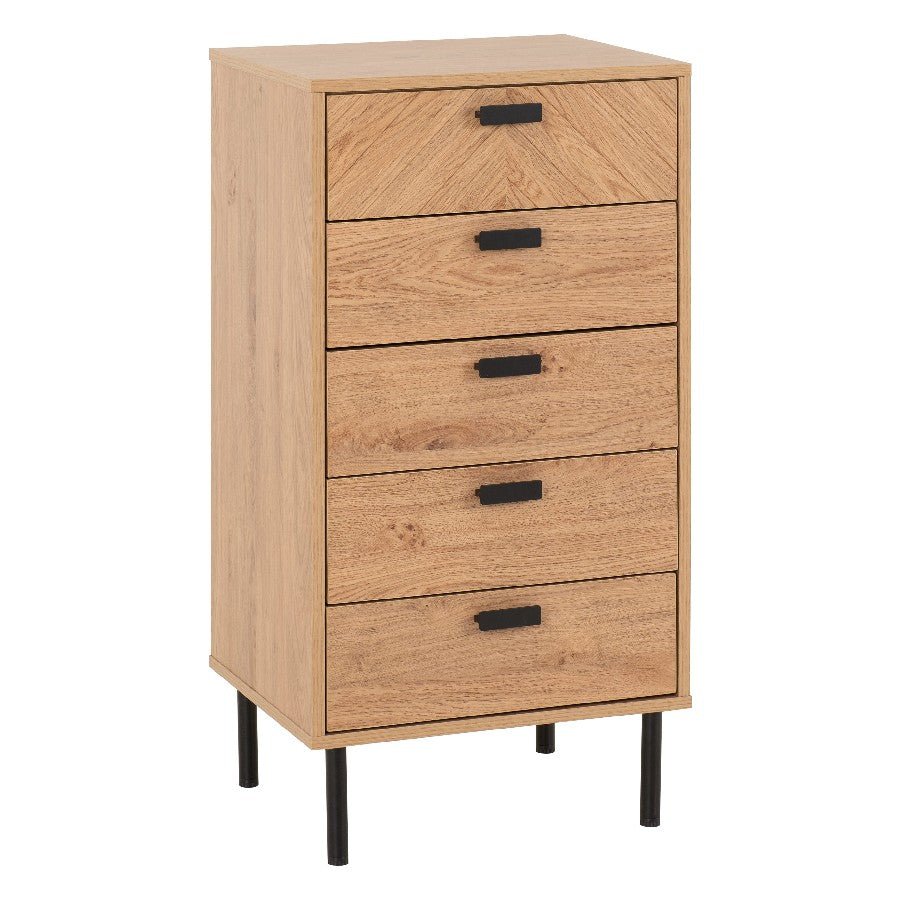 Leon Herringbone Retro 5 Drawer Narrow Chest - Seconique