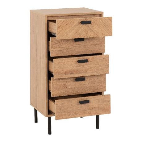 Leon Herringbone Retro 5 Drawer Narrow Chest - Seconique