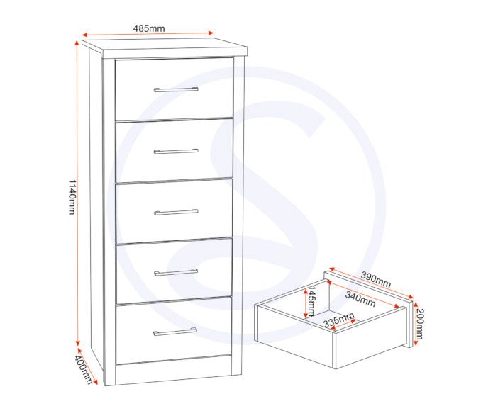 Lisbon 5 Drawer Narrow Tallboy Chest - Seconique