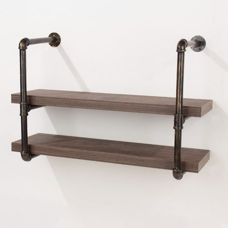 Loft Dark Oak and Copper Pipe Design Double Wall Shelf - Core Products