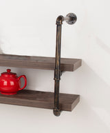 Loft Dark Oak and Copper Pipe Design Double Wall Shelf - Core Products