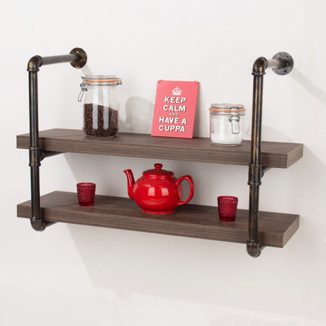 Loft Dark Oak and Copper Pipe Design Double Wall Shelf - Core Products