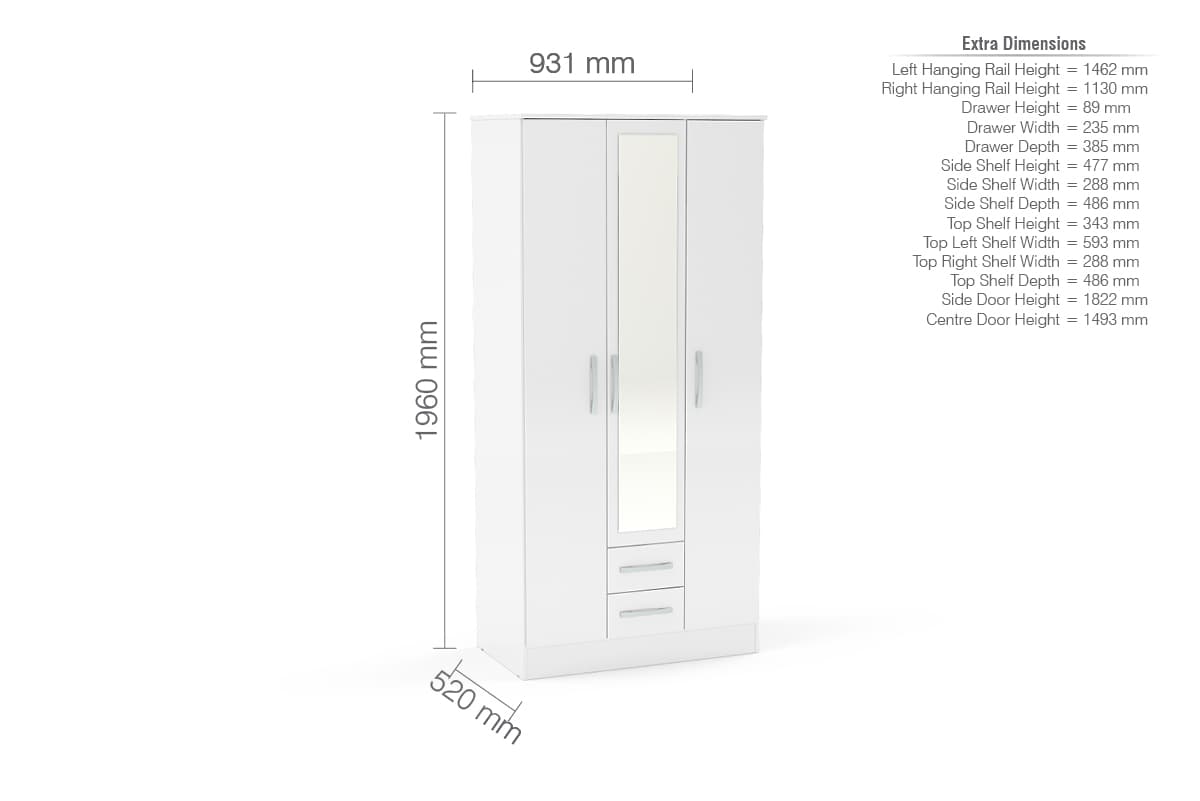Lynx 3 Door 2 Drawer Mirrored Wardrobe - Birlea