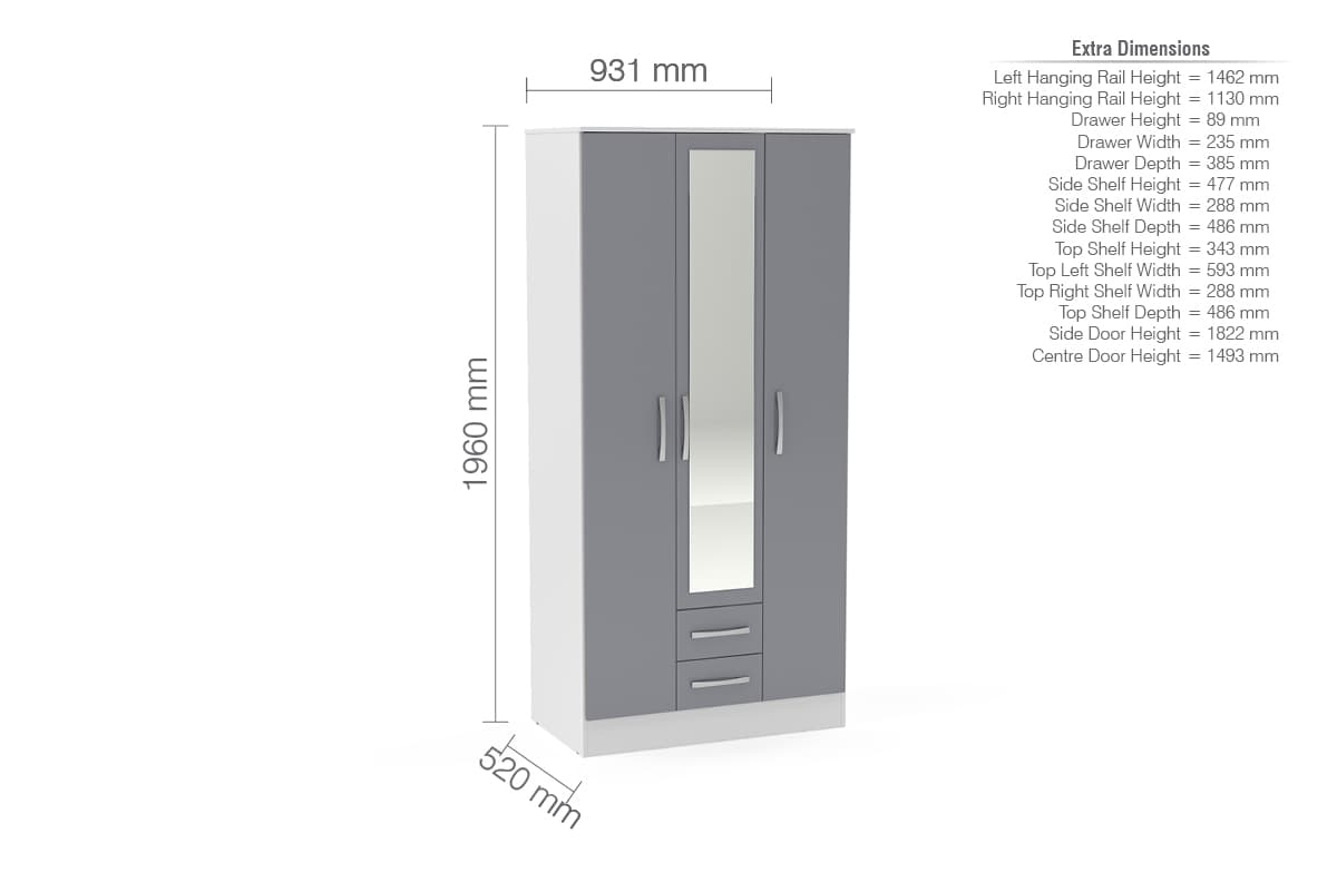 Lynx 3 Door 2 Drawer Mirrored Wardrobe - Birlea