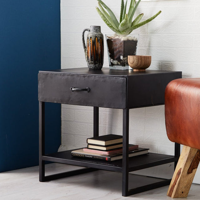 Metalica Industrial 1 Drawer Iron Lamp Table - Indian Hub