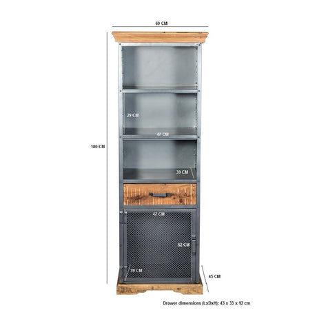 Metropolis Industrial 1 Door 1 Drawer Narrow Bookcase - Indian Hub