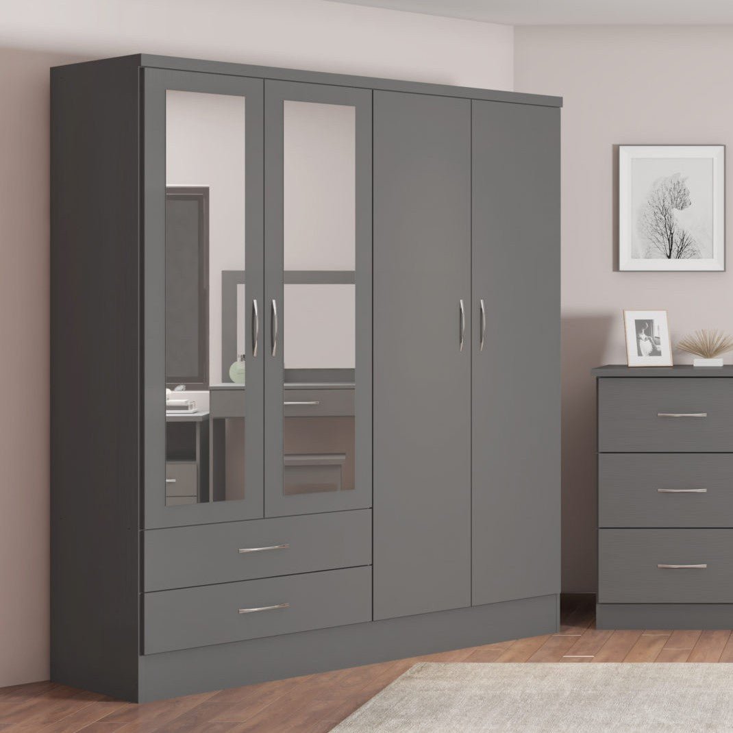 Nevada 4 Door 2 Drawer Mirrored Wardrobe - Seconique