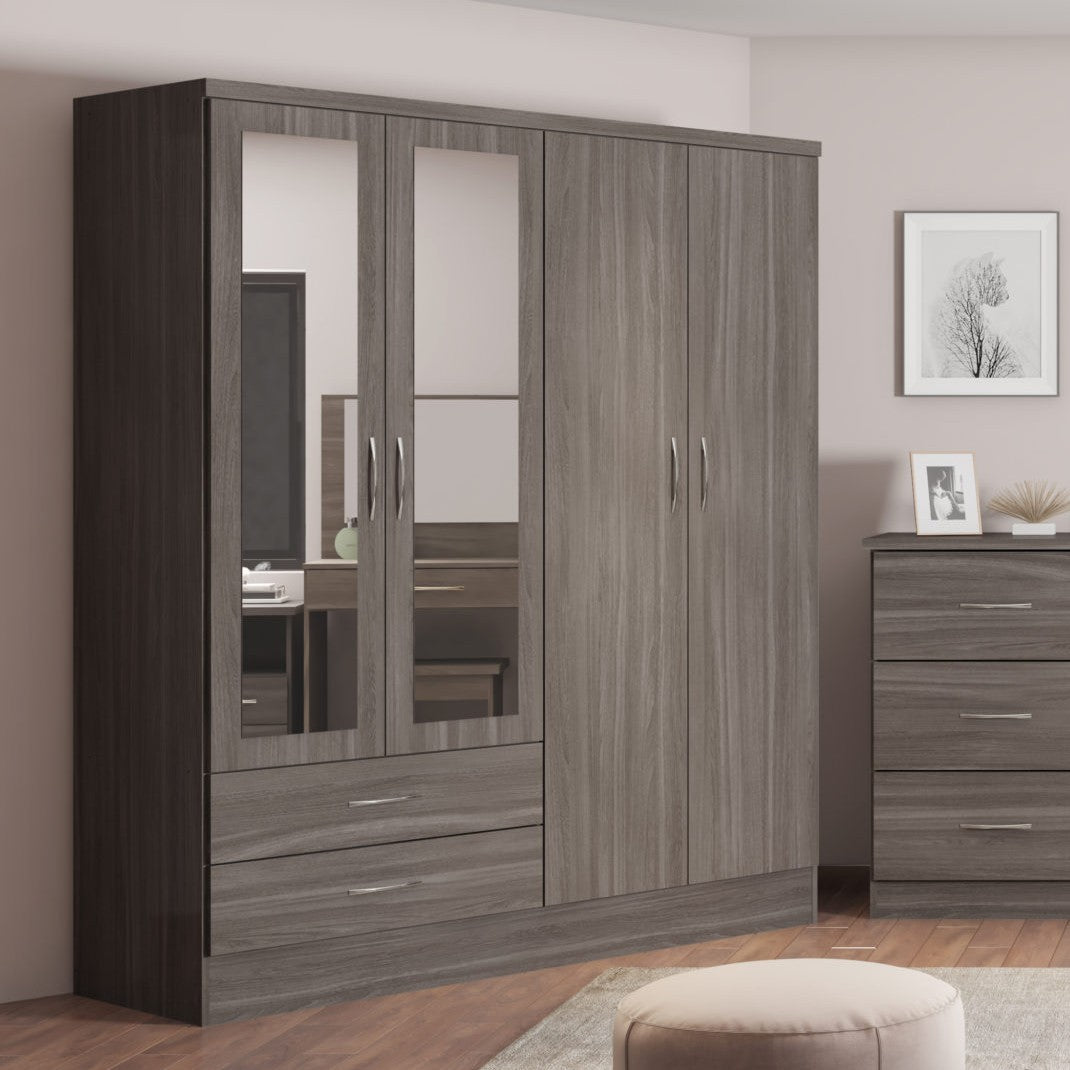 Nevada 4 Door 2 Drawer Mirrored Wardrobe - Seconique