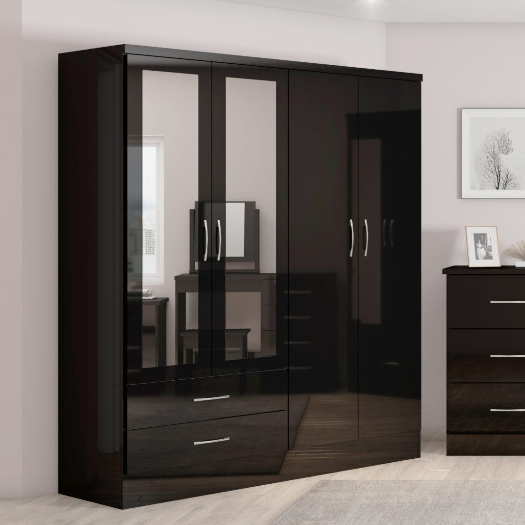 Nevada 4 Door 2 Drawer Mirrored Wardrobe - Seconique