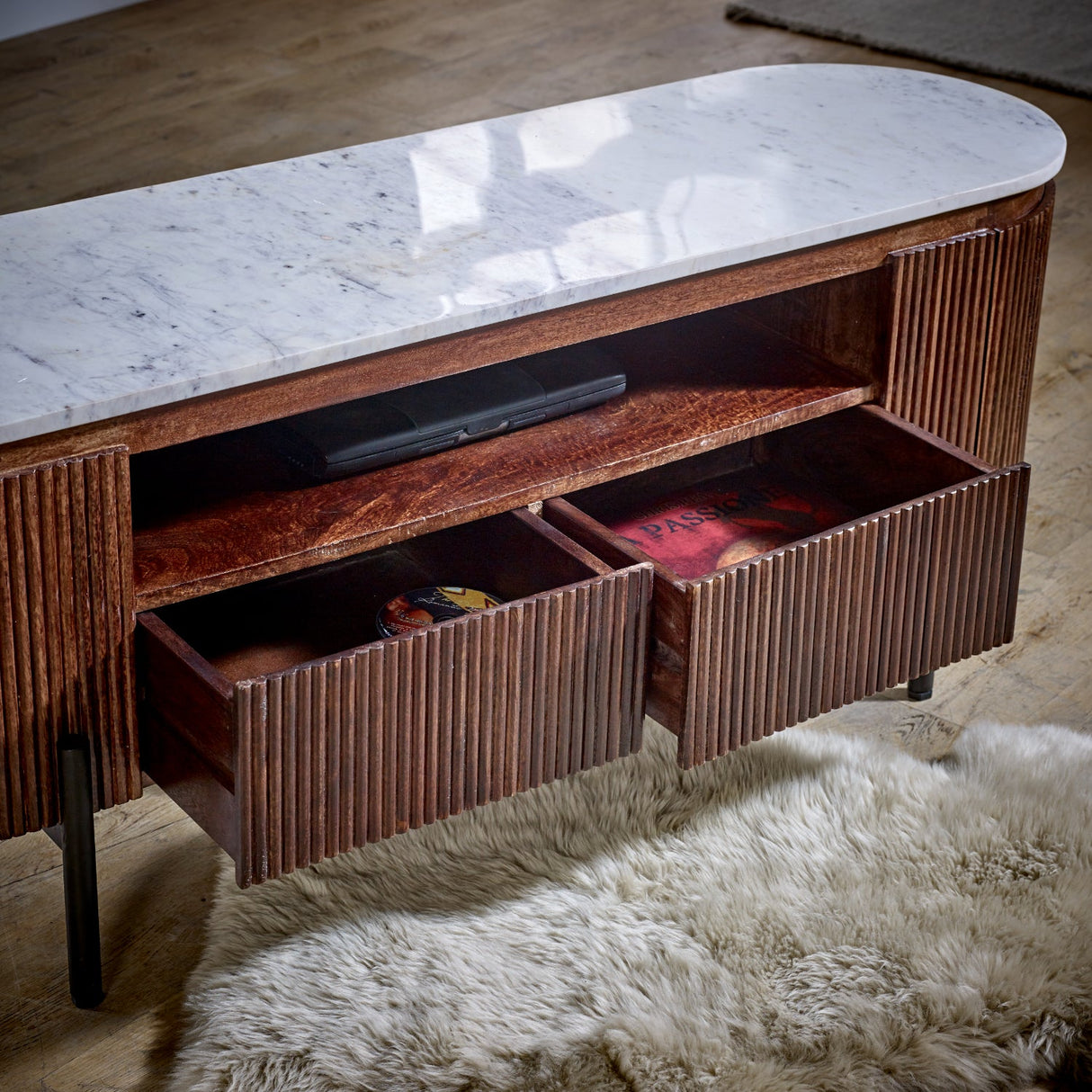 Opal Marble & Mango Wood 2 Door TV Unit - Indian Hub