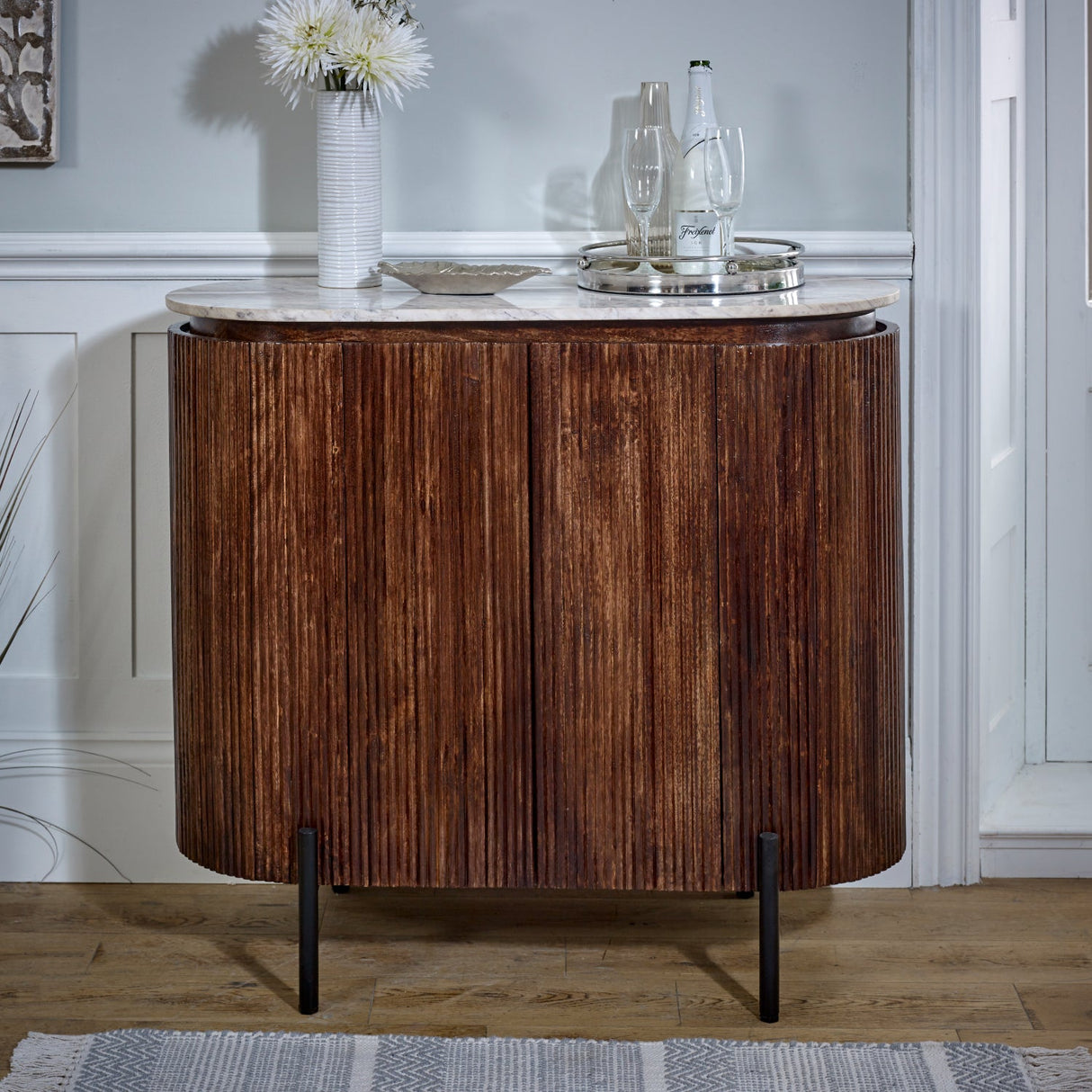 Opal Marble & Mango Wood 4 Door Drinks Cabinet - Indian Hub