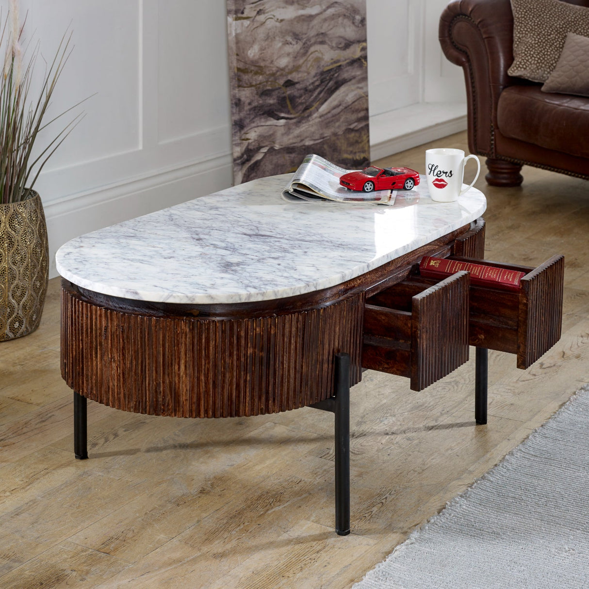 Opal Natural Marble and Mango Wood 2 Drawer Coffee Table - Indian Hub