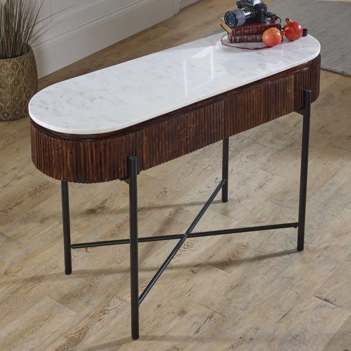 Opal Natural Marble and Mango Wood 2 Drawer Console Table - Indian Hub