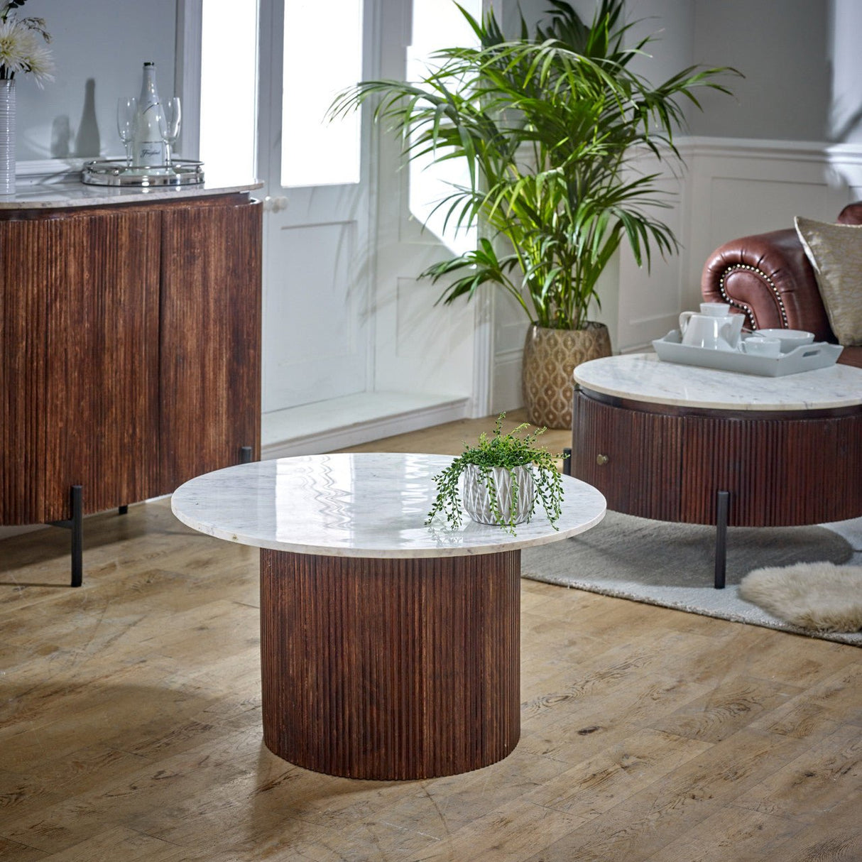 Opal Natural Marble and Mango Wood Coffee Table - Indian Hub