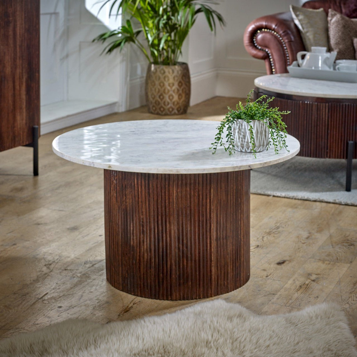 Opal Natural Marble and Mango Wood Coffee Table - Indian Hub