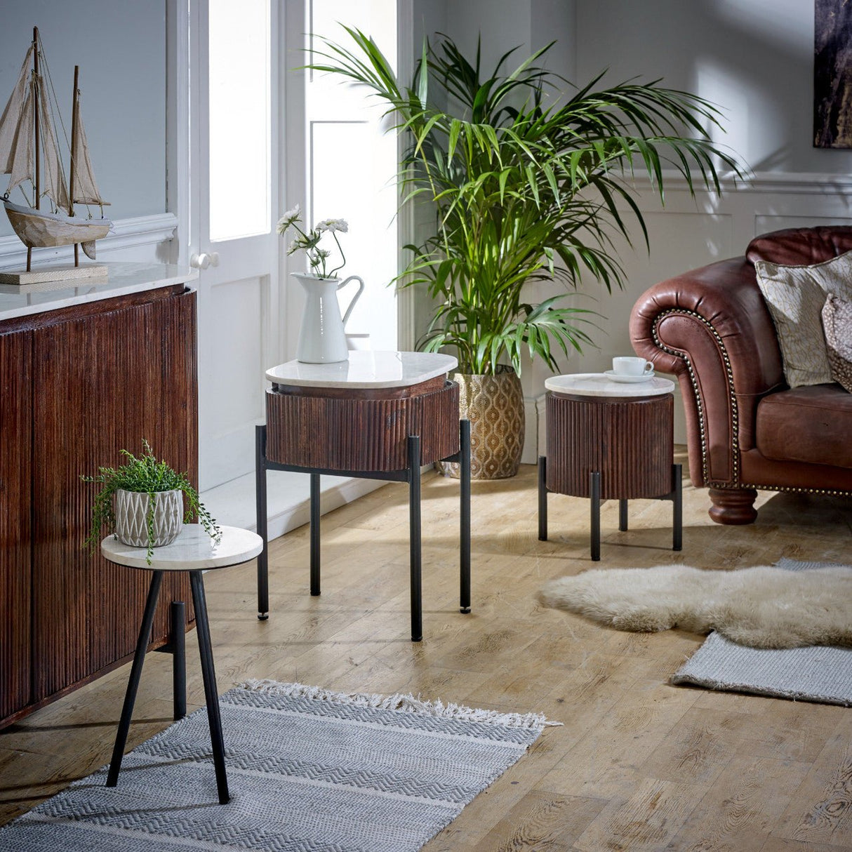 Opal Natural Marble and Mango Wood Side Table - Indian Hub