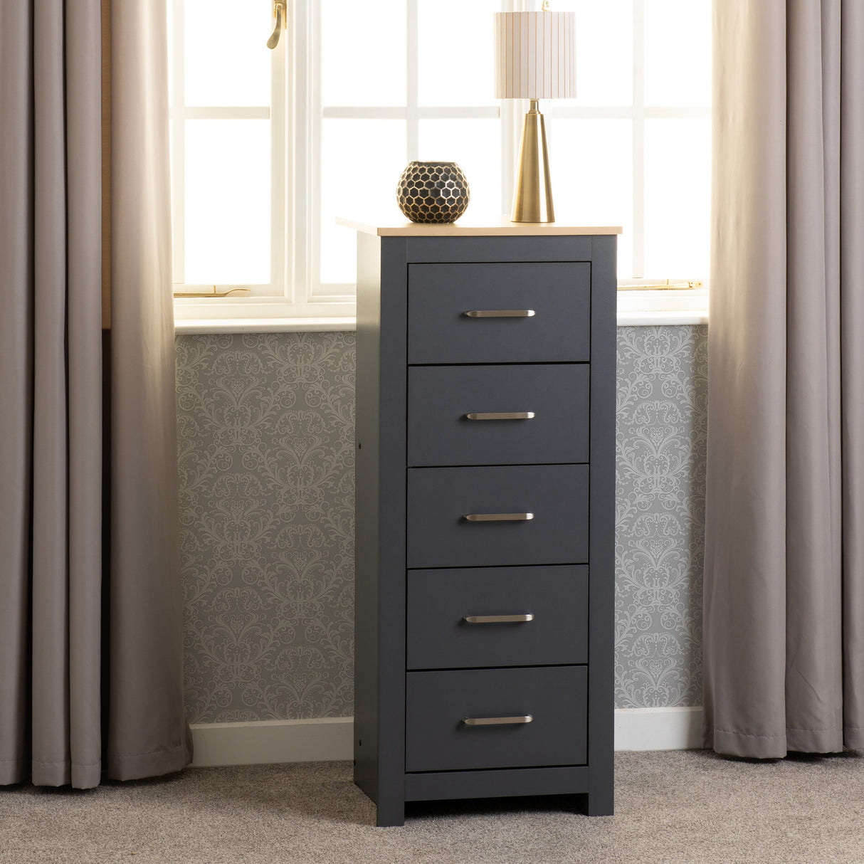 Portland 5 Drawer Narrow Tallboy Chest - Seconique