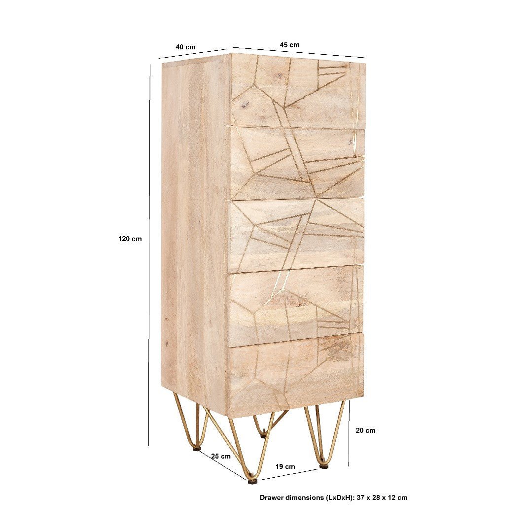 Reclaimed Wood 5 Drawer Narrow Chest - Indian Hub