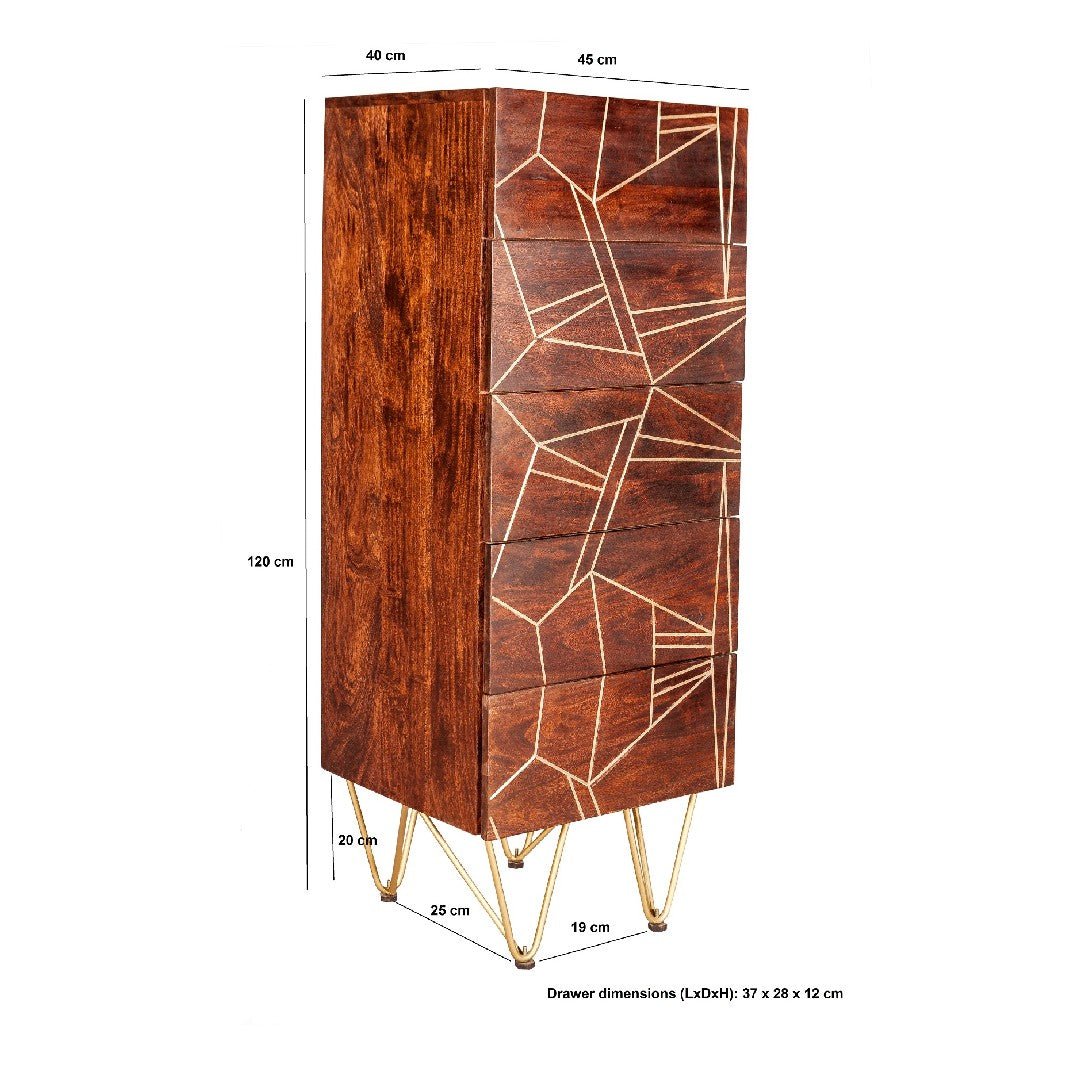 Reclaimed Wood 5 Drawer Narrow Chest - Indian Hub
