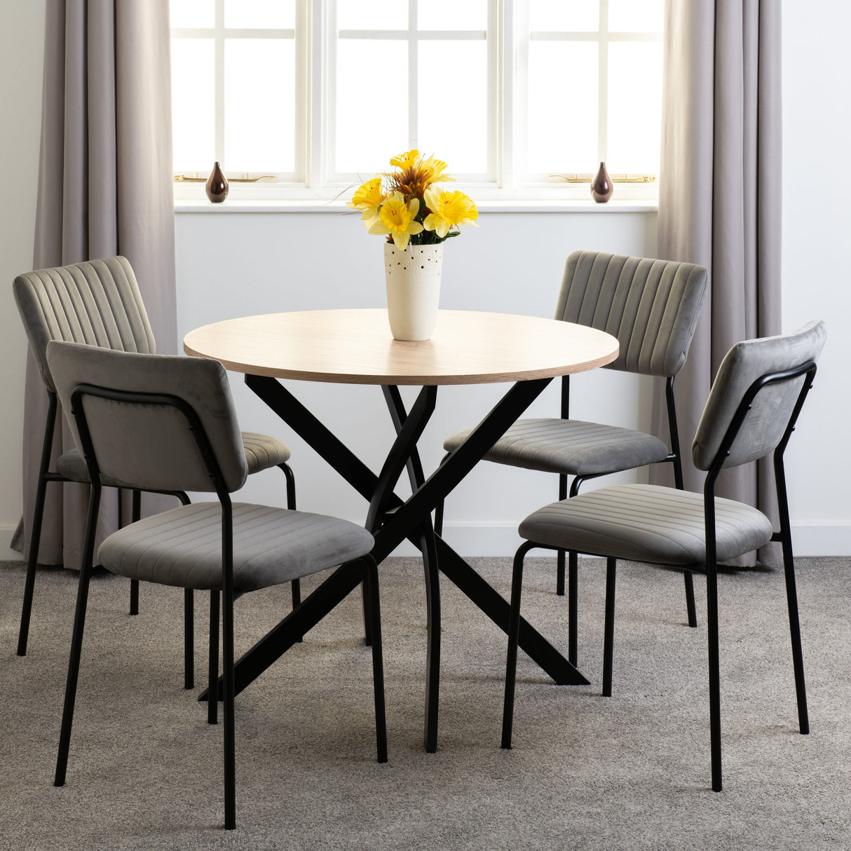 Sheldon Round Wooden Dining Set with 4 Velvet Chairs - Seconique