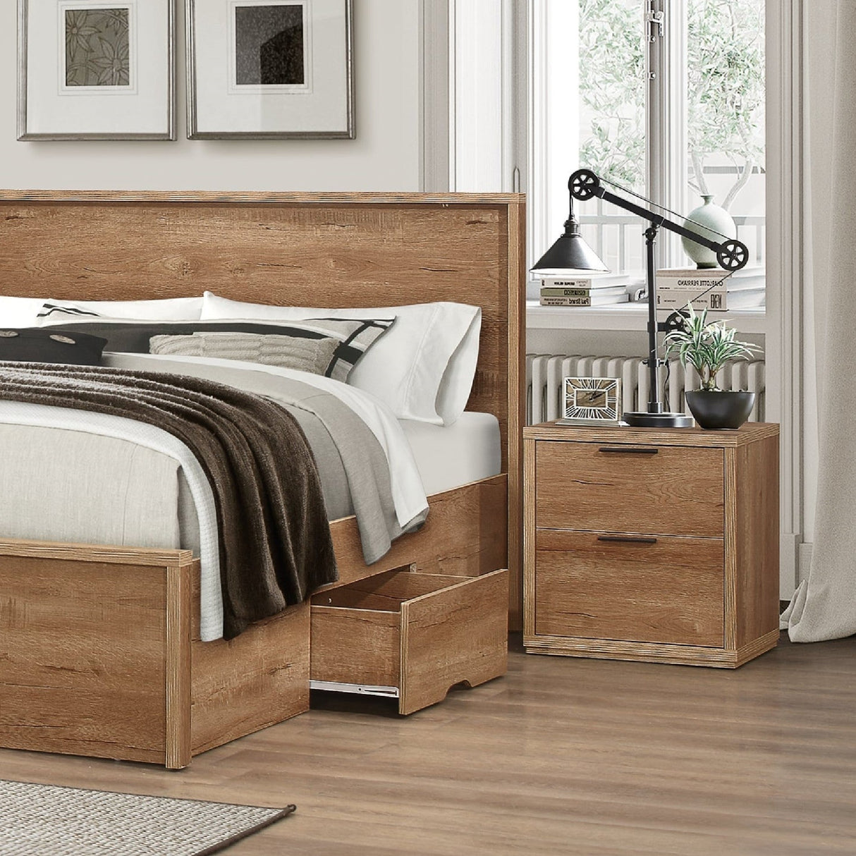 Stockwell Rustic Oak 1 Drawer Open Shelf Bedside - Birlea