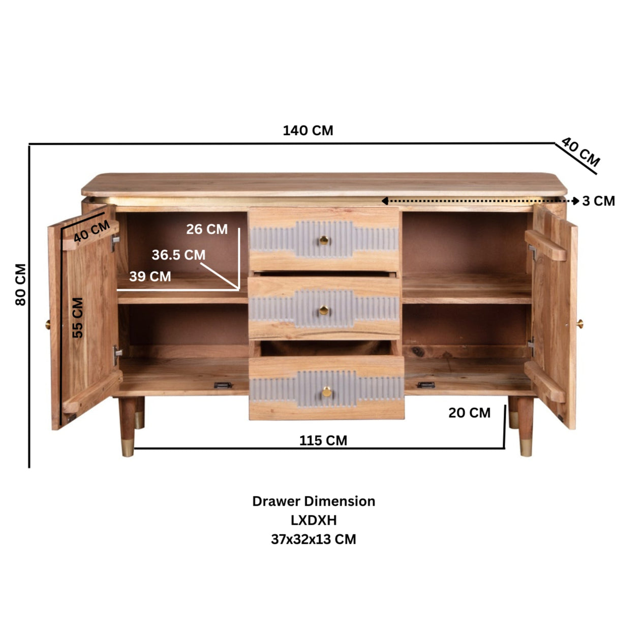 Wilton Acacia Wood 2 Door 3 Drawer Sideboard - Indian Hub