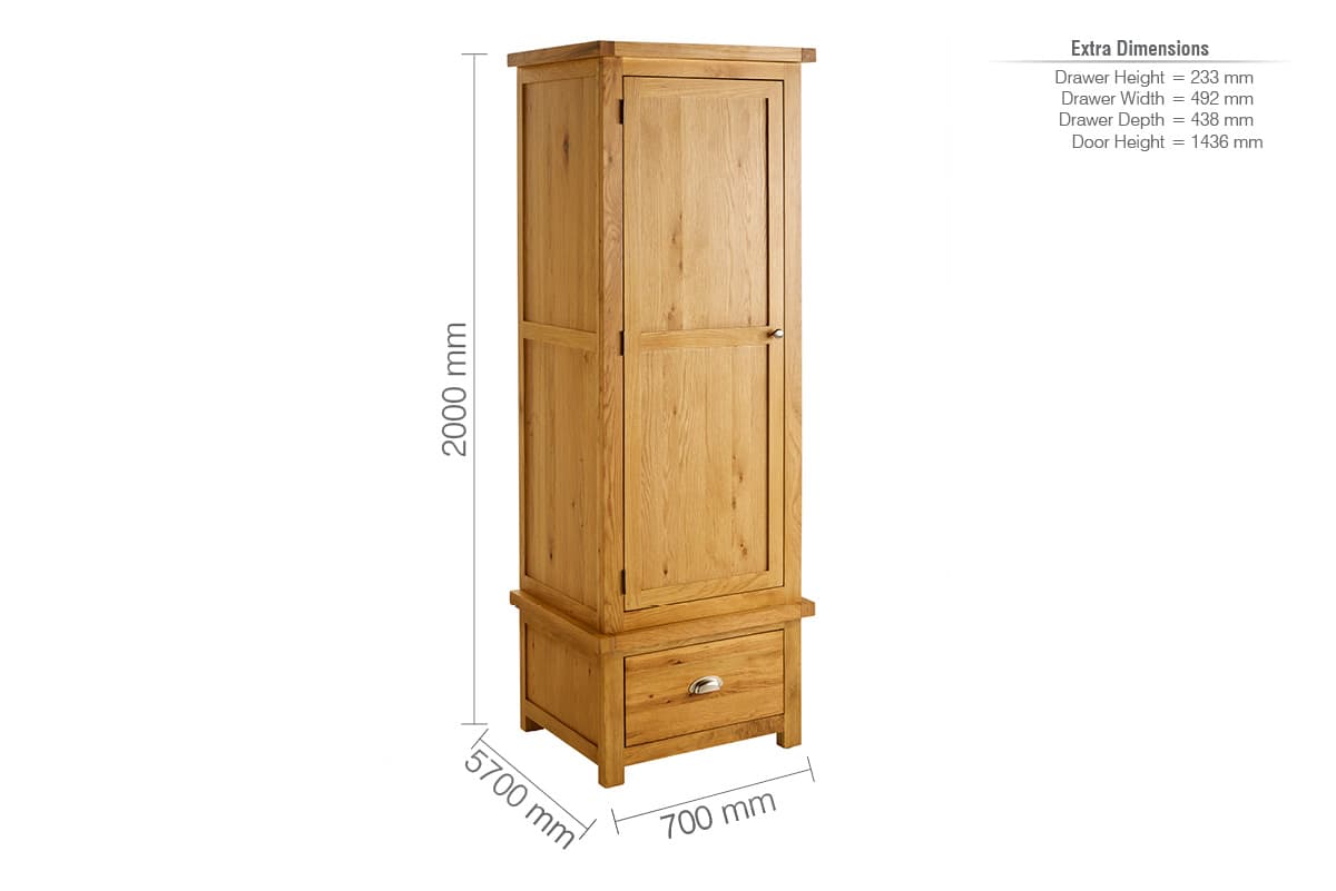 Woburn Solid Oak 1 Door 1 Drawer Wardrobe - Birlea