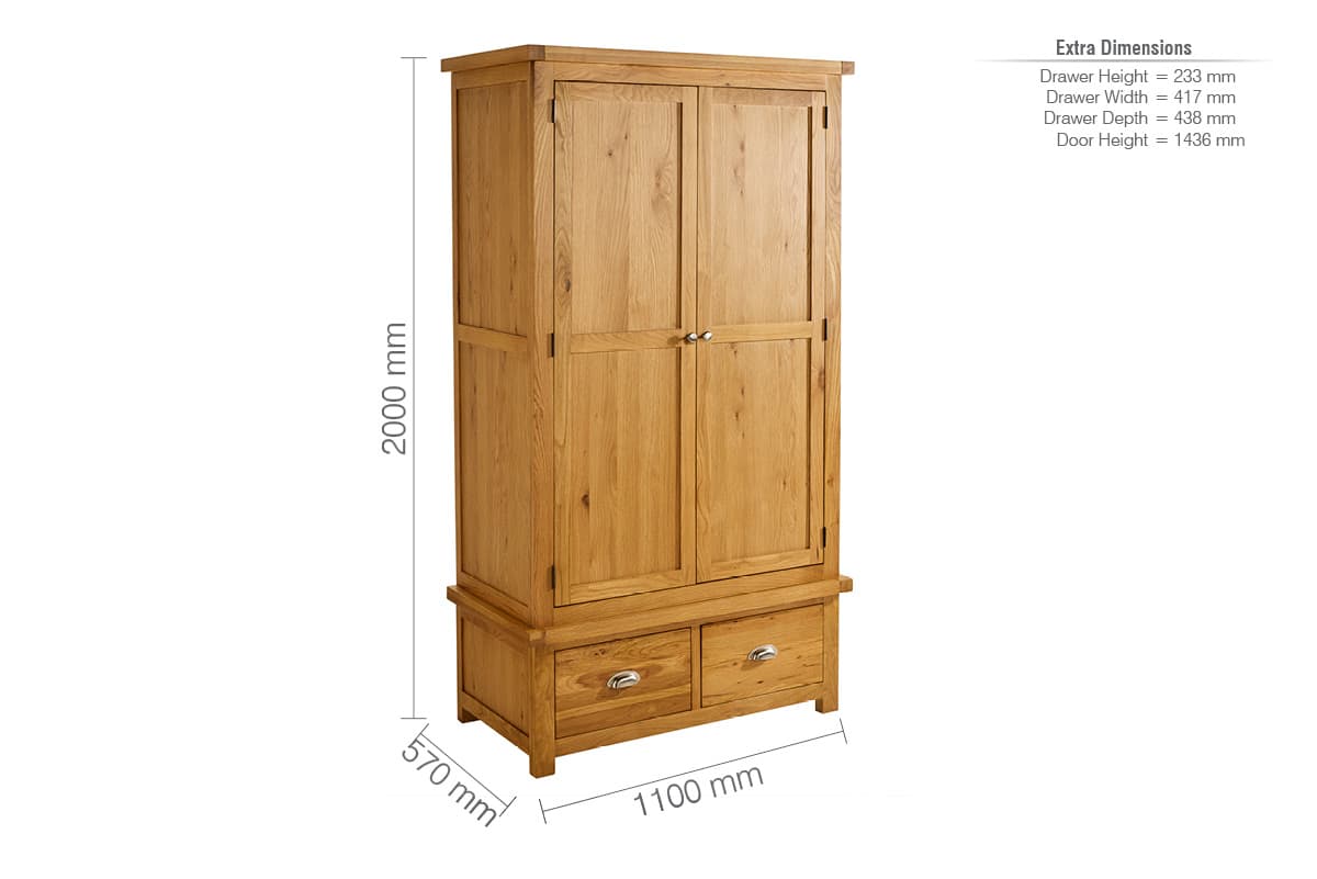 Woburn Solid Oak 2 Door 2 Drawer Wardrobe - Birlea