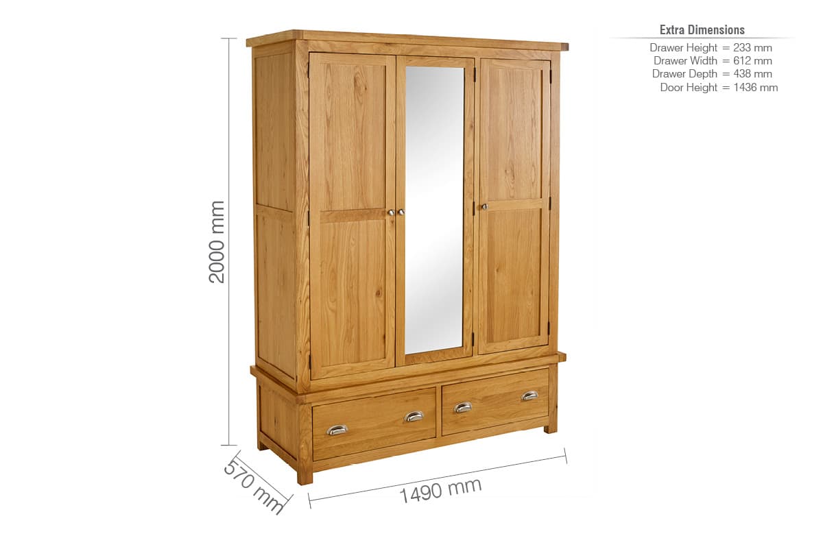 Woburn Solid Oak 3 Door 2 Drawer Wardrobe - Birlea