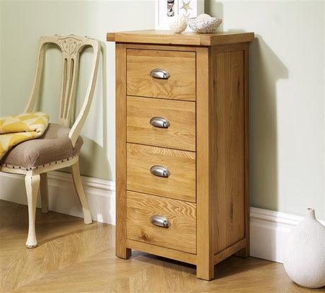 Woburn Solid Oak 4 Drawer Narrow Chest - Birlea